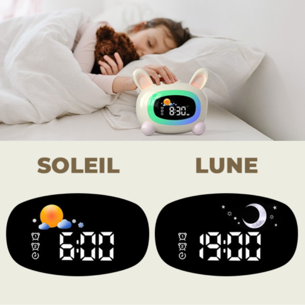 reveil-lapin-jour-nuit-les-icones Réveil lapin jour nuit devant un enfant qui dort