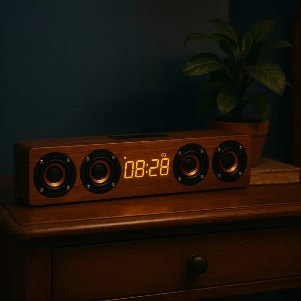 Radio réveil vintage posé sur une table de nuit