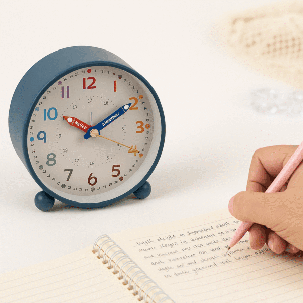 Réveil apprentissage devant un cahier sur une table