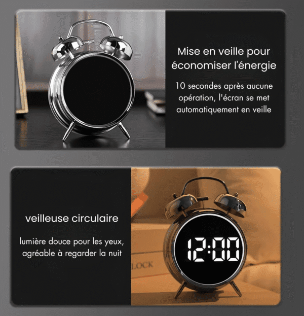 Réveil cloche mode veille et veilleuse