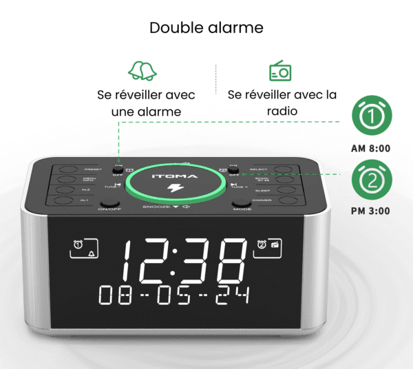 badfbhasdhvsfdvd Radio réveil chargeur induction et sa double alarme