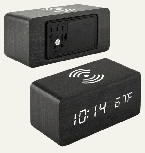 Réveil chargeur induction noir de devant et derrière