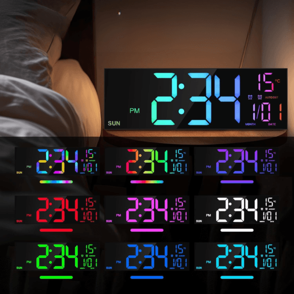 Réveil mural et ses plusieurs couleurs de chiffres sur le cadran