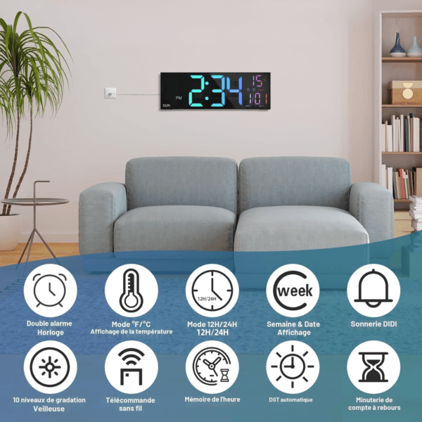 Réveil mural dans un salon et toutes ses fonctions