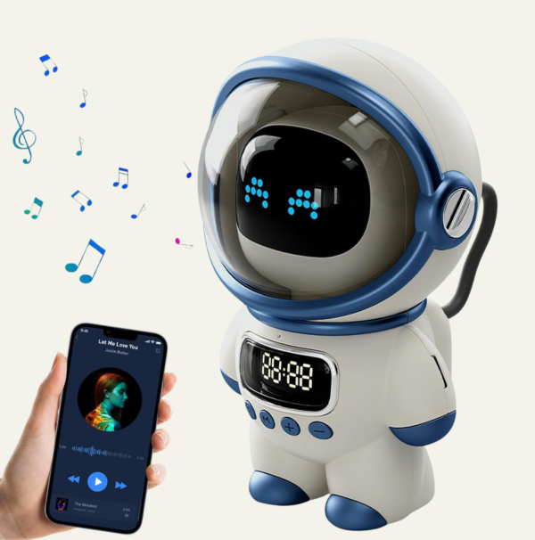 Réveil astronaute devant un téléphone qui met de la musique