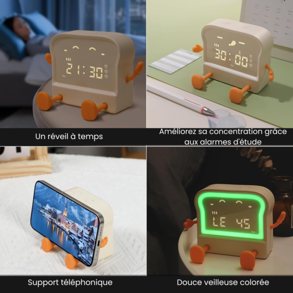 réveil mignon et quatre angles de vue et d'avantages